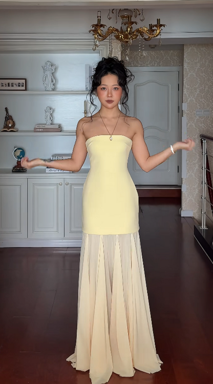 Elegant Strapless Sheath Chiffon Long Evening Dress Yellow Prom Dress ED08229