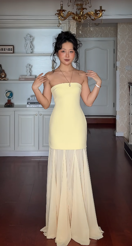 Elegant Strapless Sheath Chiffon Long Evening Dress Yellow Prom Dress ED08229