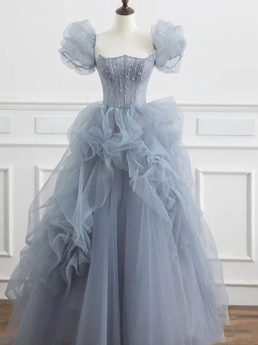 Robe de bal longue en tulle gris et perles bleues ED0823