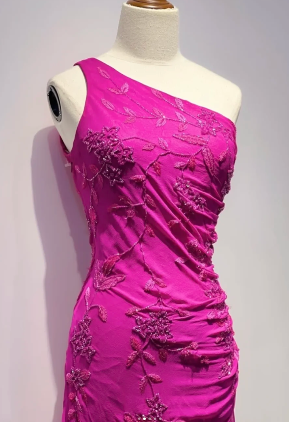 Vintage One-shoulder Sheath Chiffon Beaded Long Evening Dress Fuchsia Prom Dress ED08231