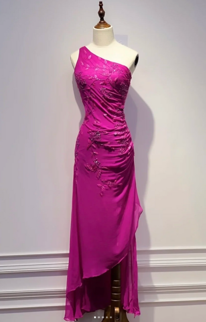 Vintage One-shoulder Sheath Chiffon Beaded Long Evening Dress Fuchsia Prom Dress ED08231