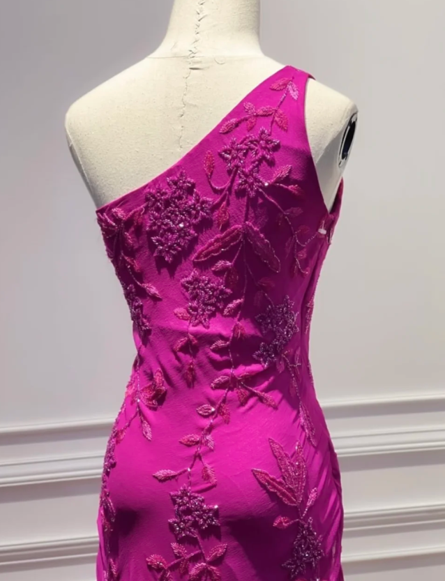 Vintage One-shoulder Sheath Chiffon Beaded Long Evening Dress Fuchsia Prom Dress ED08231