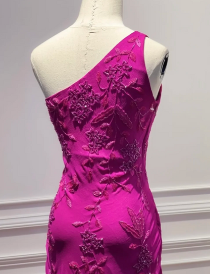 Vintage One-shoulder Sheath Chiffon Beaded Long Evening Dress Fuchsia Prom Dress ED08231