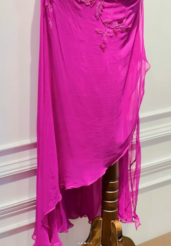 Vintage One-shoulder Sheath Chiffon Beaded Long Evening Dress Fuchsia Prom Dress ED08231