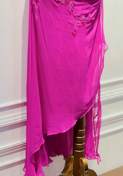 Vintage One-shoulder Sheath Chiffon Beaded Long Evening Dress Fuchsia Prom Dress ED08231