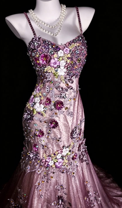 Vintage Spaghetti Straps Sheath Tulle Beaded Long Evening Dress Pink Prom Dress ED08232