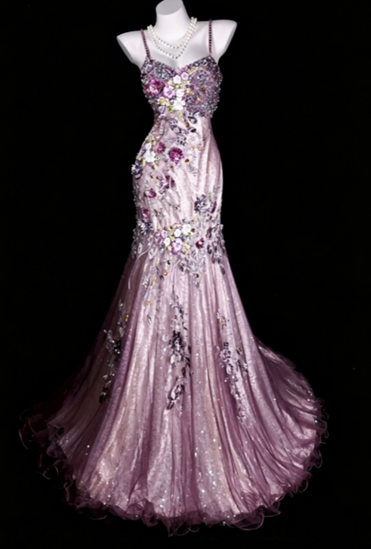 Vintage Spaghetti Straps Sheath Tulle Beaded Long Evening Dress Pink Prom Dress ED08232