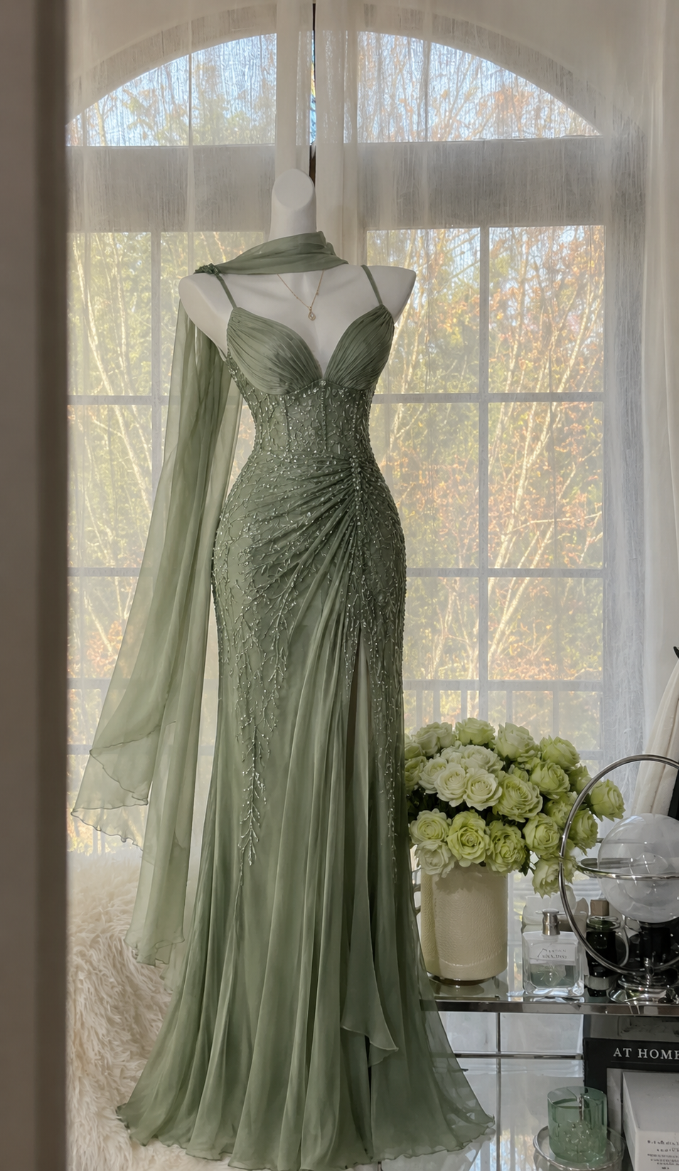 Vintage Spaghtti Straps Sheath Chiffon Beaded Long Evening Dress Green Prom Dress ED08233