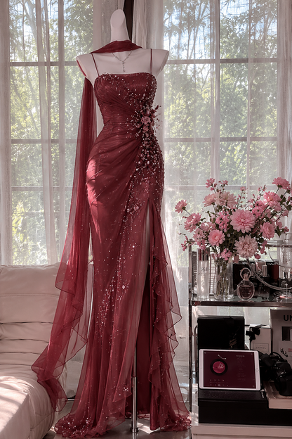 Vintage Spaghtti Straps Sheath Chiffon Beaded Long Evening Dress Red Prom Dress ED08234