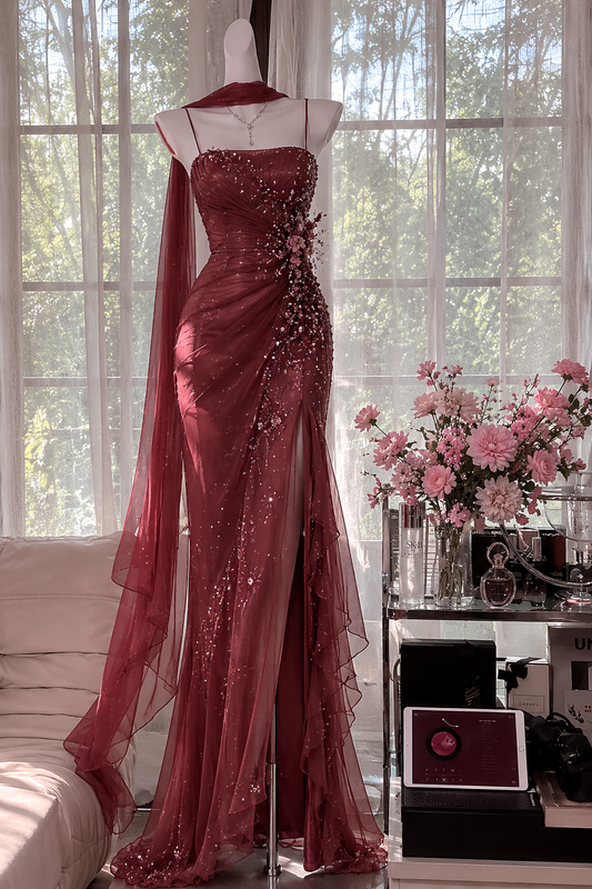 Vintage Spaghtti Straps Sheath Chiffon Beaded Long Evening Dress Red Prom Dress ED08234