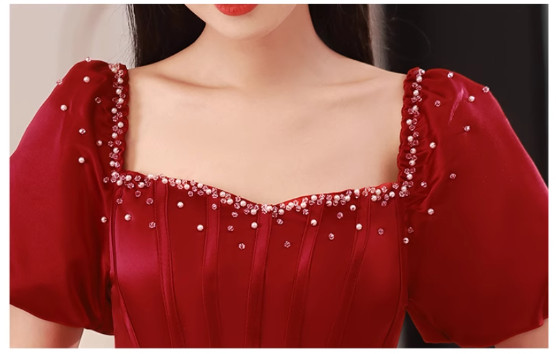 Robe de bal longue en satin bordeaux, coupe trapèze, perles, robe de soirée bordeaux ED0824
