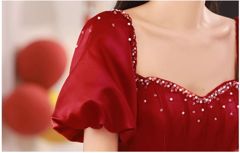 Robe de bal longue en satin bordeaux, coupe trapèze, perles, robe de soirée bordeaux ED0824