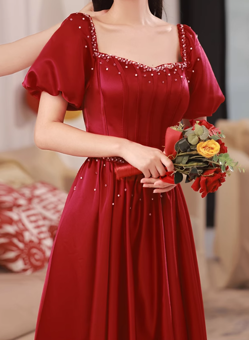 Robe de bal longue en satin bordeaux, coupe trapèze, perles, robe de soirée bordeaux ED0824
