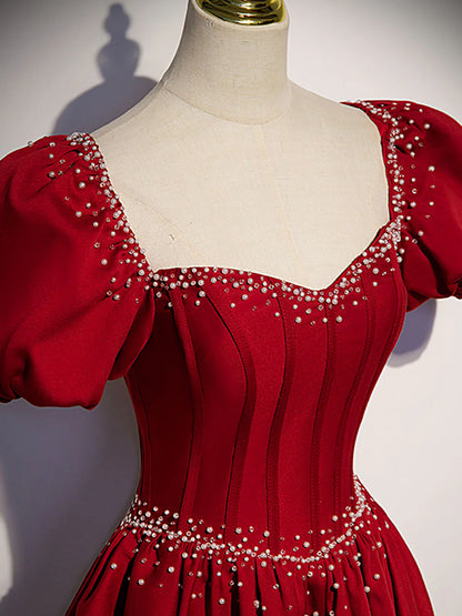 Robe de bal longue en satin bordeaux, coupe trapèze, perles, robe de soirée bordeaux ED0824