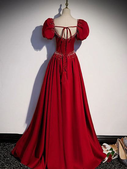 Robe de bal longue en satin bordeaux, coupe trapèze, perles, robe de soirée bordeaux ED0824