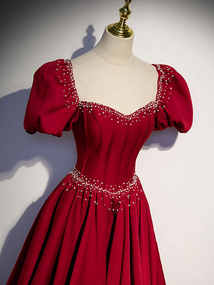 Robe de bal longue en satin bordeaux, coupe trapèze, perles, robe de soirée bordeaux ED0824
