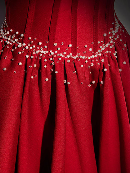 Robe de bal longue en satin bordeaux, coupe trapèze, perles, robe de soirée bordeaux ED0824