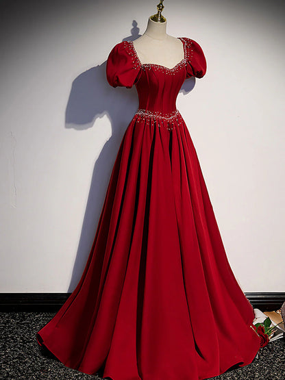 Robe de bal longue en satin bordeaux, coupe trapèze, perles, robe de soirée bordeaux ED0824