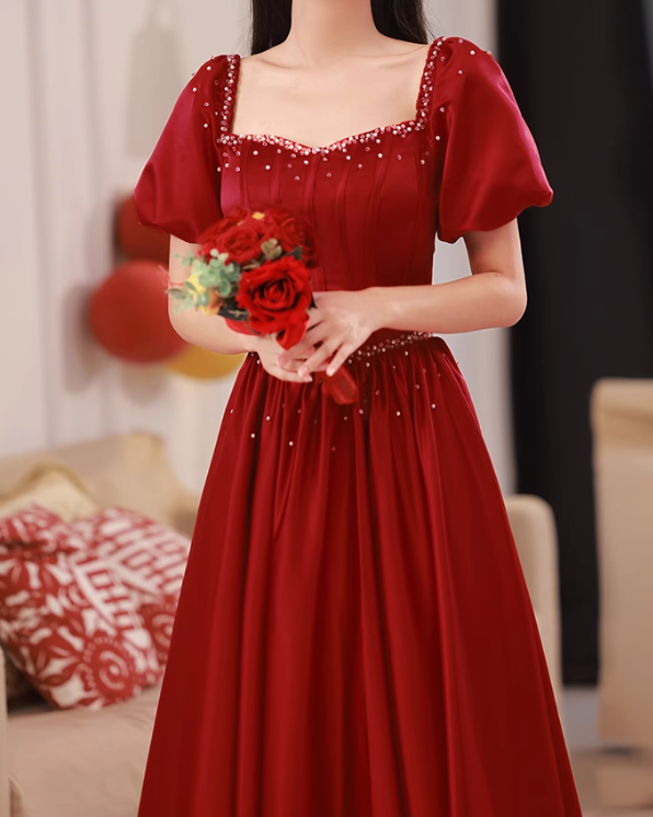 Robe de bal longue en satin bordeaux, coupe trapèze, perles, robe de soirée bordeaux ED0824