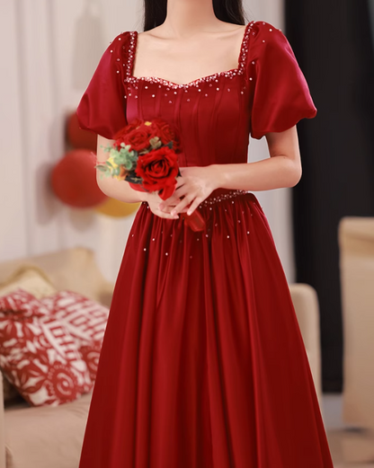 Robe de bal longue en satin bordeaux, coupe trapèze, perles, robe de soirée bordeaux ED0824