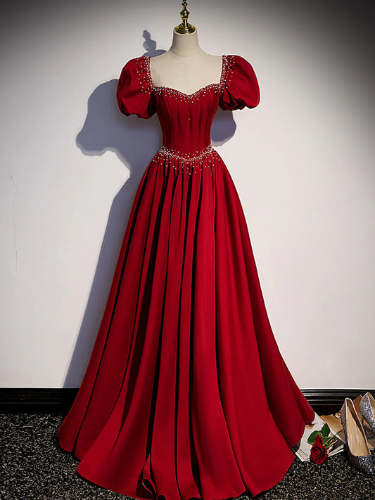 Robe de bal longue en satin bordeaux, coupe trapèze, perles, robe de soirée bordeaux ED0824
