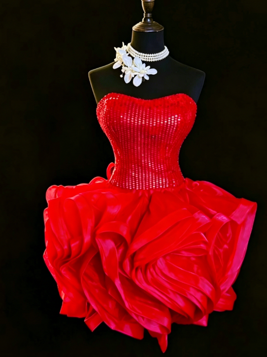 Chic Strapless Birthday Dress Sheath Tulle Cocktail Dress Red Homecoming Dresss ED08241
