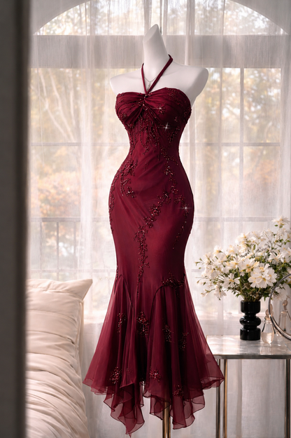 Chic Halter Formal Dress Dress Long Sheath Beaded Chiffon Burgundy Evening Dress ED08244