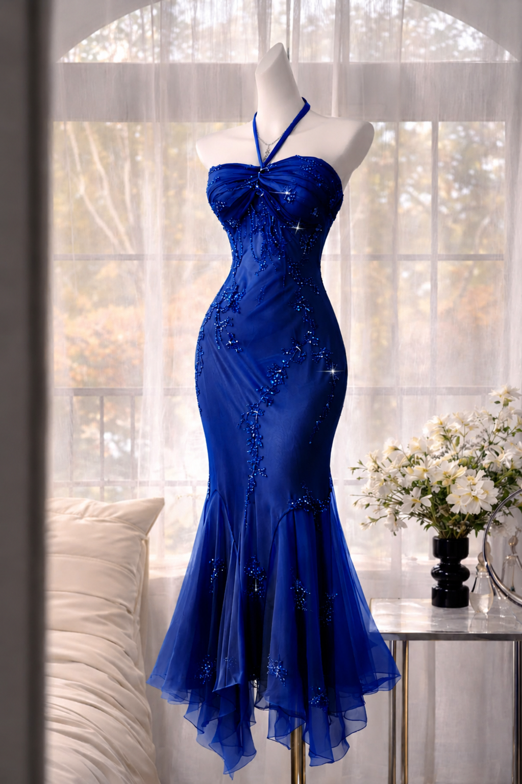 Chic Halter Formal Dress Dress Long Sheath Beaded Chiffon Burgundy Evening Dress ED08244
