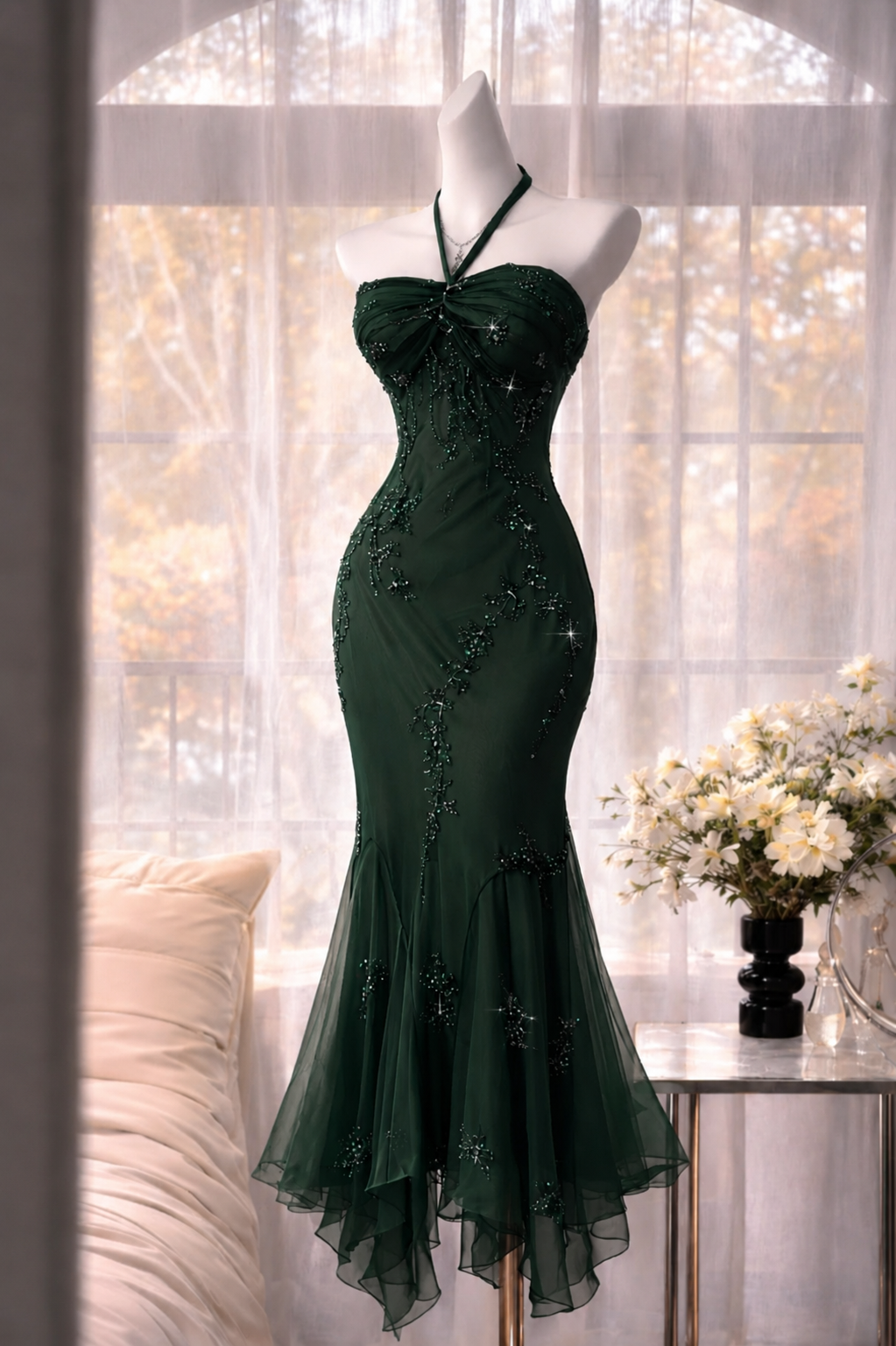 Chic Halter Formal Dress Dress Long Sheath Beaded Chiffon Burgundy Evening Dress ED08244
