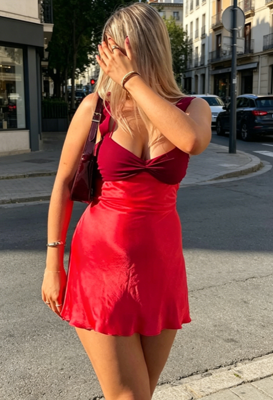Chic Halter Burgundy Homecoming Dress Sheath Satin Birthday Dress ED08257