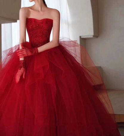 Burgundy tulle beads long prom dress, burgundy tulle wedding dress ED0826