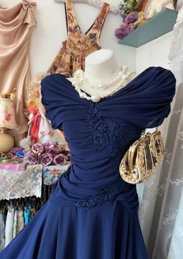 Elegant Navy Blue Long Evening Dress Off-shoulder A-Line Chiffon Formal Dress ED08263