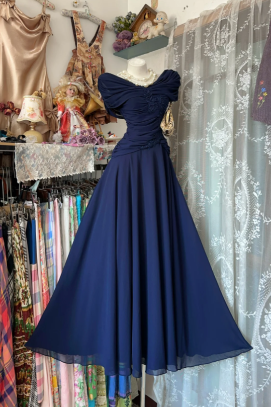 Elegant Navy Blue Long Evening Dress Off-shoulder A-Line Chiffon Formal Dress ED08263