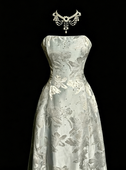 Elegant Strapless Long Evening Dress A-line Jacquard Satin Prom Dress ED08265