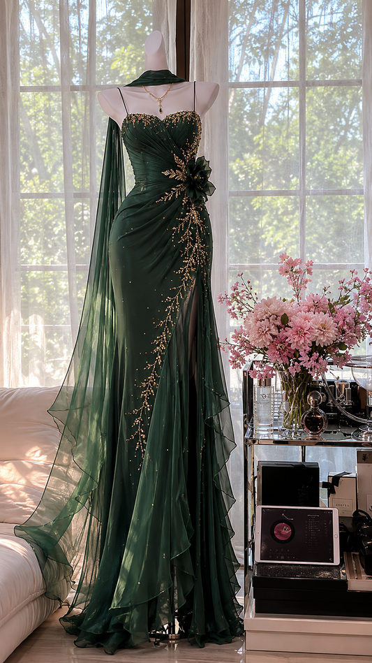 Chic Dark Green Prom Dress Spaghetti Straps Sheath Chiffon Beaded Long Evening Dress ED08267