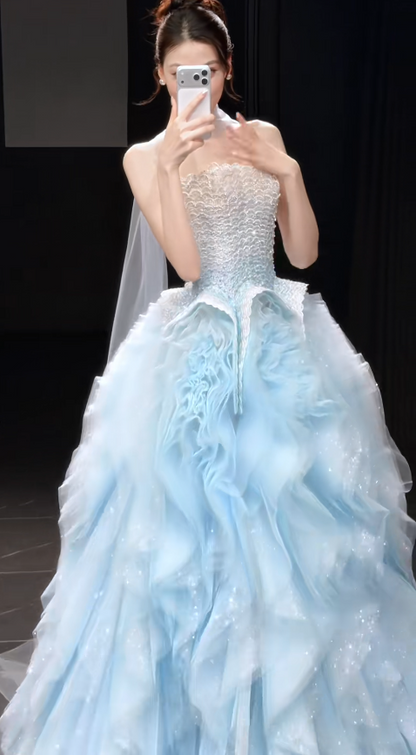 Simple Royal Blue Prom Dress Halter Mermaid Beaded Chiffon Long Sweet 16 Dress  ED08266