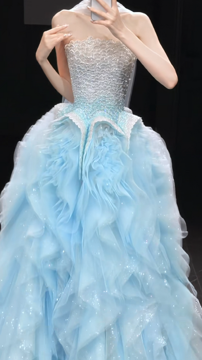Simple Royal Blue Prom Dress Halter Mermaid Beaded Chiffon Long Sweet 16 Dress  ED08266