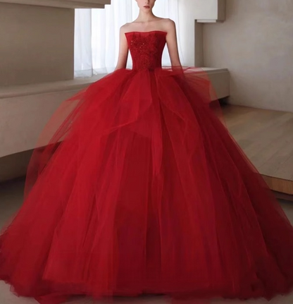 Burgundy tulle beads long prom dress, burgundy tulle wedding dress ED0826