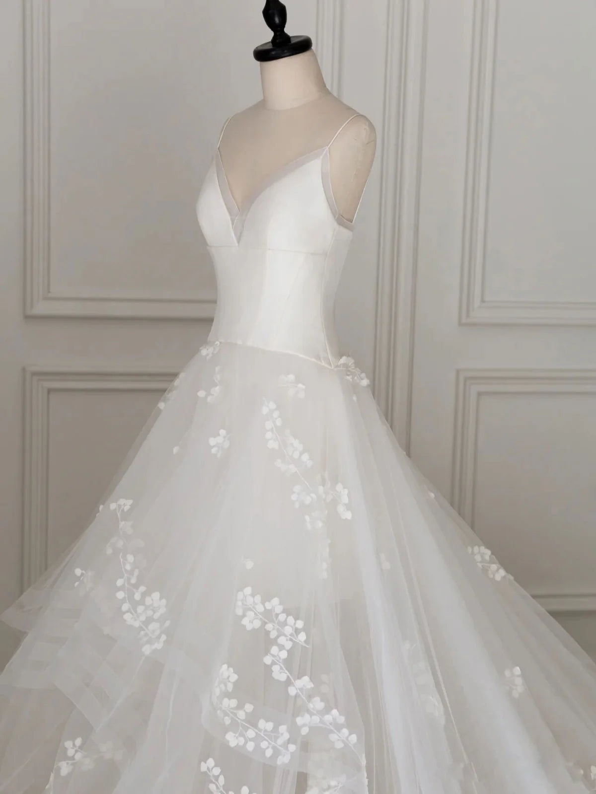 Ivory V Neck Tulle Lace Long Wedding Dress, Ivory Tulle Wedding Gown ED0827