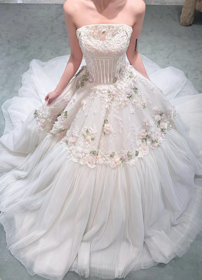 Modest Strapless A-line Wedding Dress Applique White Birdal Gown Tulle Bridal Dress ED08271