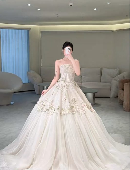 Modest Strapless A-line Wedding Dress Applique White Birdal Gown Tulle Bridal Dress ED08271
