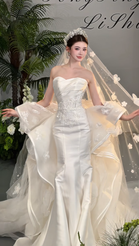 Modest Sweetheart Mermaid Wedding Dress White Birdal Gown Satin Bridal Dress ED08273