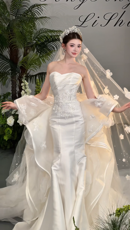 Modest Sweetheart Mermaid Wedding Dress White Birdal Gown Satin Bridal Dress ED08273