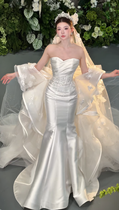 Modest Sweetheart Mermaid Wedding Dress White Birdal Gown Satin Bridal Dress ED08273