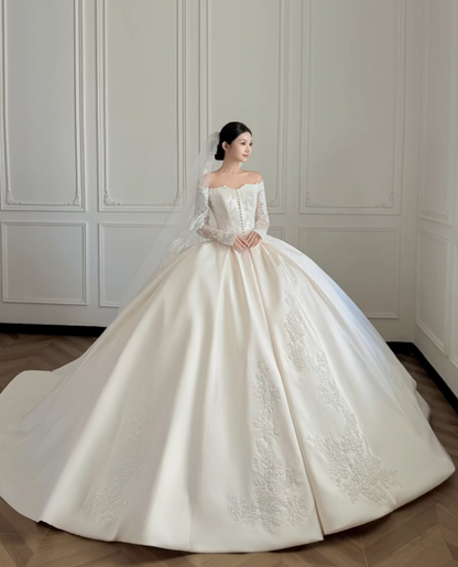Modest Off-shoulder A-Line Wedding Dress White Birdal Gown Satin Bridal Dress ED08274