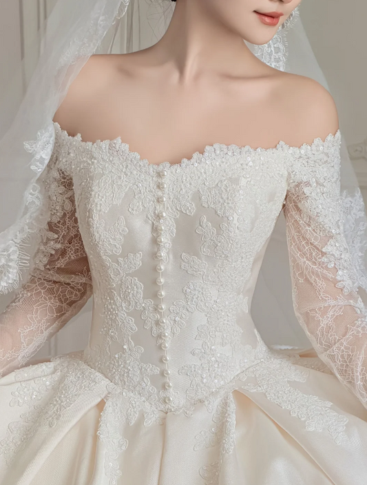 Modest Off-shoulder A-Line Wedding Dress White Birdal Gown Satin Bridal Dress ED08274