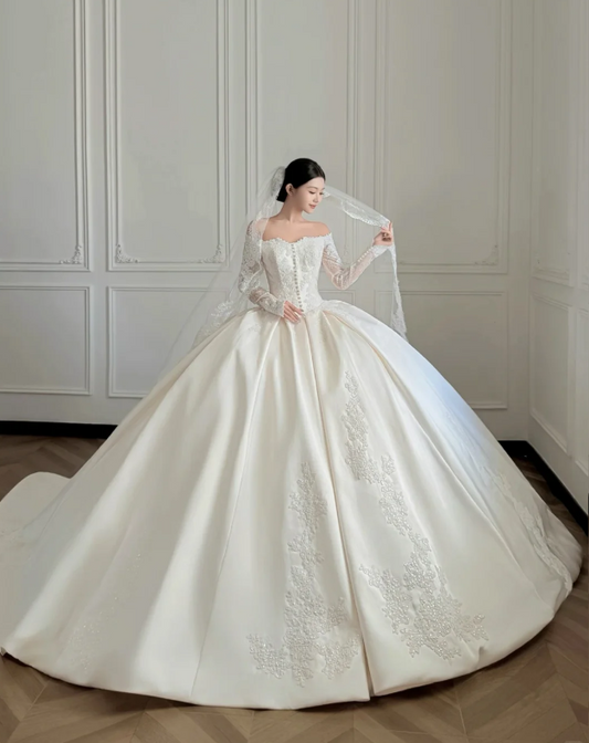 Modest Off-shoulder A-Line Wedding Dress White Birdal Gown Satin Bridal Dress ED08274