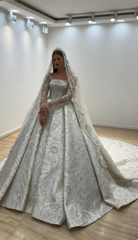 Modest Off-shoulder A-Line Wedding Dress White Birdal Gown Beaded Satin Bridal Dress ED08275