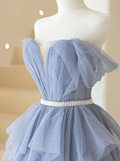 Robe de bal longue en tulle gris violet, robe de soirée trapèze violette ED0828