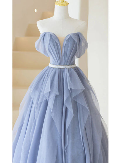 Robe de bal longue en tulle gris violet, robe de soirée trapèze violette ED0828